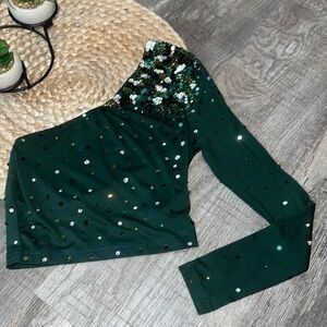 Custom Competitive Dance Green One-Sleeve Stoned Top – Adult XS